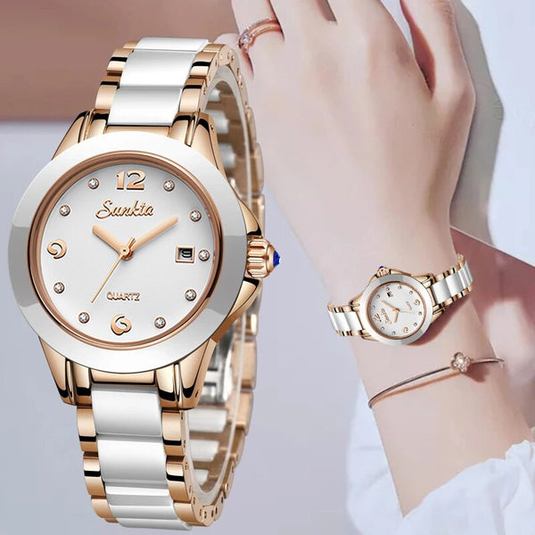 Descubra o Relógio Feminino de Cerâmica resistente a Arranhões e Prova D'água. Com Calendário Integrado e Movimento Quartz, é a união de Elegância e Durabilidade. Design Sagrado Branco, enriquecido com Diamantes de Cristal. Seja Moderna e Fashion com um Acessório de Luxo exclusivo. O Glamour no Pulso aguarda você.