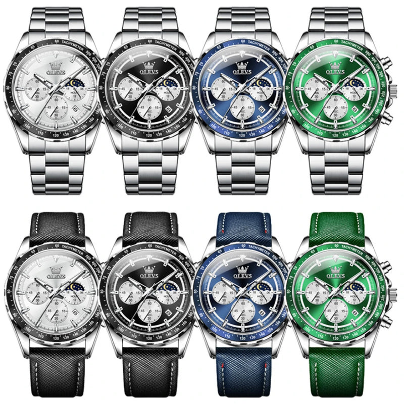 Relógio Esportivo Masculino com Pulseira de Couro, Fases da Lua e Calendário