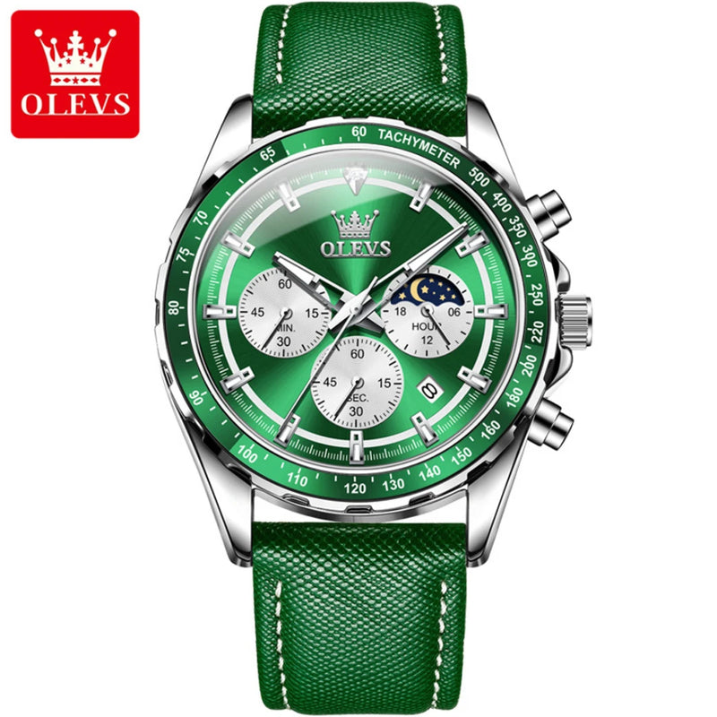 Relógio Esportivo Masculino com Pulseira de Couro, Fases da Lua e Calendário
