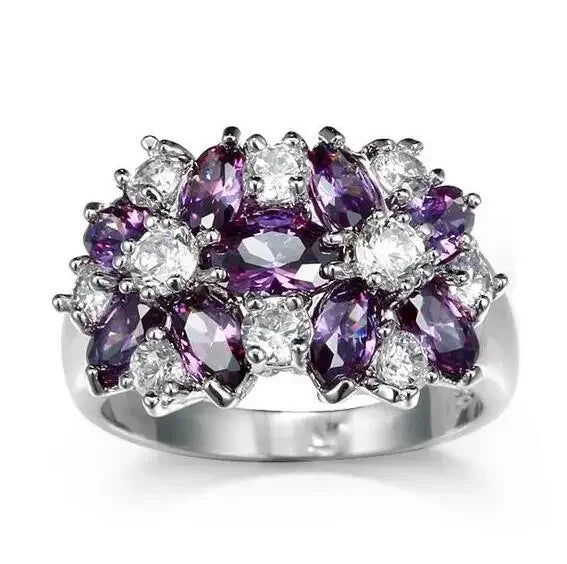 Anel Glamour Flor de Zircônias Coloridas Prata Luxo