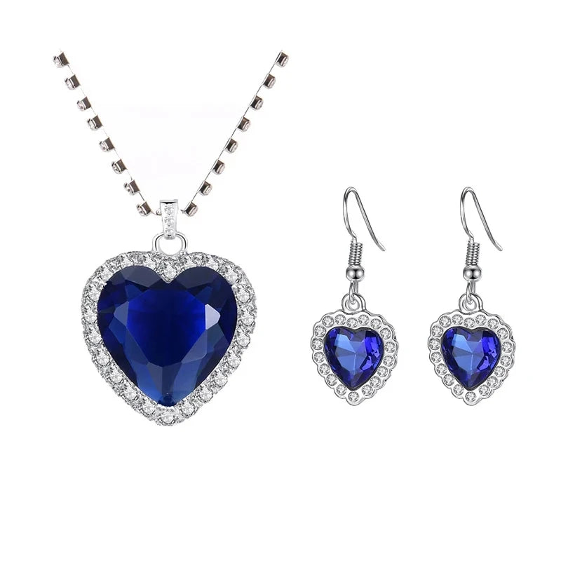 Conjunto Amor Eterno do Coração do Oceano, Colar e Brincos Azul Luxo