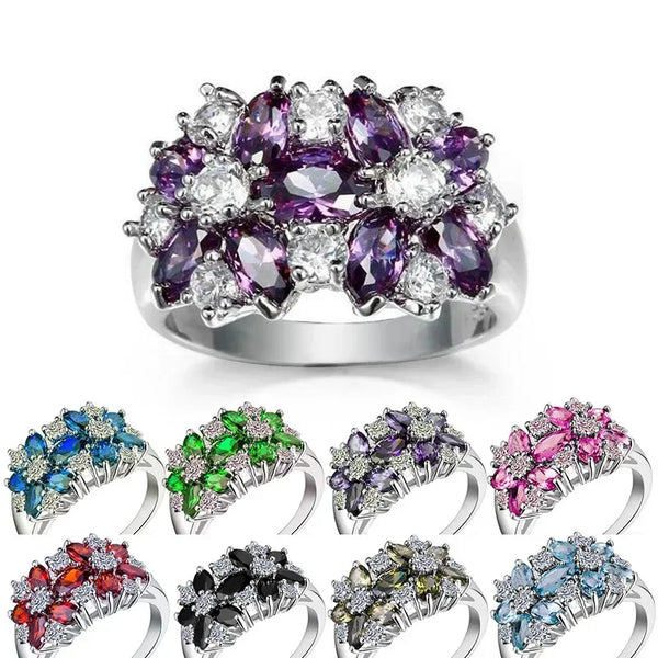 Anel Glamour Flor de Zircônias Coloridas Prata Luxo
