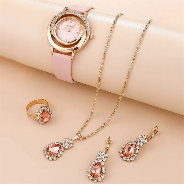 Descubra o Conjunto Luxo 5 Peças, um Conjunto de Acessórios Rhinestone que une Elegância, Versatilidade e Sofisticação. Com Relógio Feminino, Anel, Colar, Brincos e Design Rhinestone, este Conjunto oferece Glamour Diário com Beleza Duradoura. Invista no seu Estilo com este Conjunto Versátil.