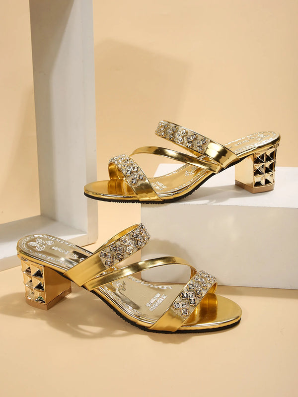 Sandália Glamure Dourada Strass Luxo com Salto Médio Conforto