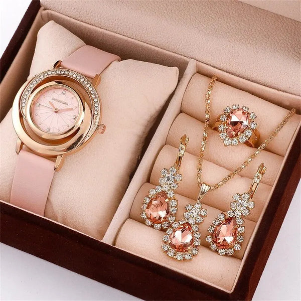 Descubra o Conjunto Luxo 5 Peças, um Conjunto de Acessórios Rhinestone que une Elegância, Versatilidade e Sofisticação. Com Relógio Feminino, Anel, Colar, Brincos e Design Rhinestone, este Conjunto oferece Glamour Diário com Beleza Duradoura. Invista no seu Estilo com este Conjunto Versátil.