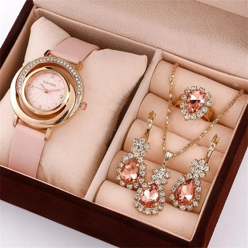 Descubra o Conjunto Luxo 5 Peças, um Conjunto de Acessórios Rhinestone que une Elegância, Versatilidade e Sofisticação. Com Relógio Feminino, Anel, Colar, Brincos e Design Rhinestone, este Conjunto oferece Glamour Diário com Beleza Duradoura. Invista no seu Estilo com este Conjunto Versátil.