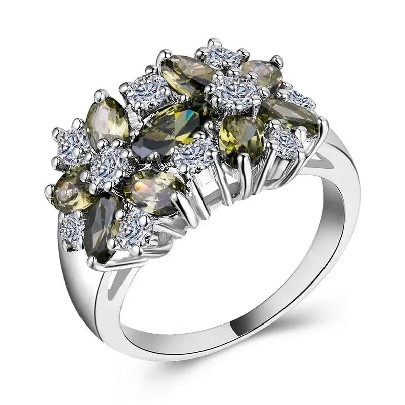 Anel Glamour Flor de Zircônias Coloridas Prata Luxo