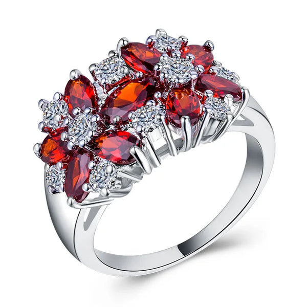 Anel Glamour Flor de Zircônias Coloridas Prata Luxo