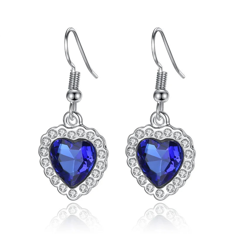 Conjunto Amor Eterno do Coração do Oceano, Colar e Brincos Azul Luxo