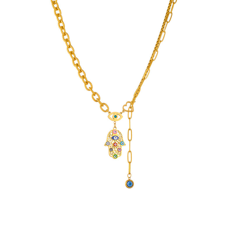 Descubra o Colar Mão De Fátima em Aço Inoxidável, com design Multicolorido e Dourado. Este Colar Feminino oferece Proteção e Estilo, sendo Resistente à Água, Durável e Hipoalergênico. Ideal para Festas e uso diário, combina Moda e Espiritualidade em uma peça única.